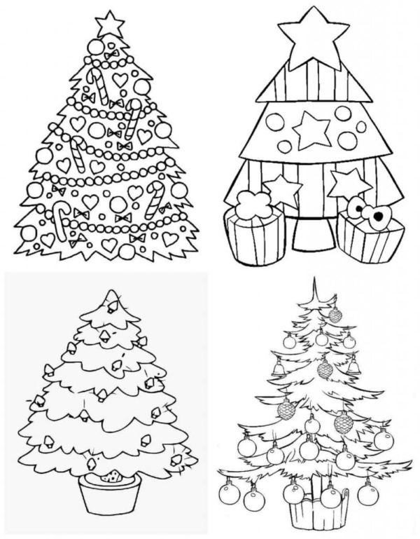 Cztery różne choinki kolorowanka do druku